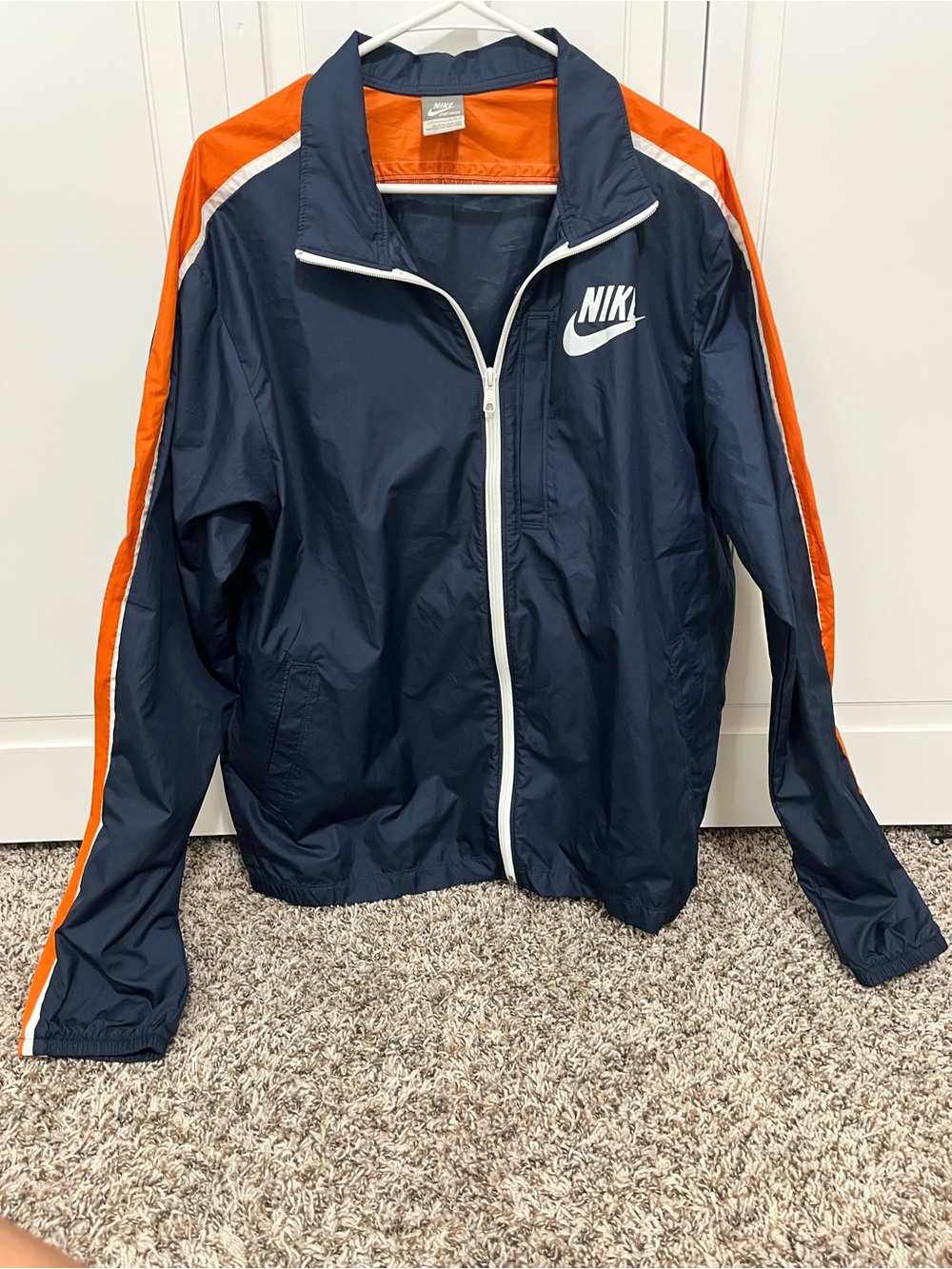 Nike Navy and Orange Men's Windbreaker Jacket with White Trim